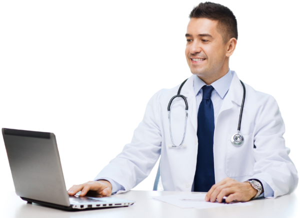 Doctor using laptop for digital patient management with erp clinic software India platform.