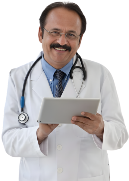 Senior doctor using a tablet for patient management with clinic management software platform.